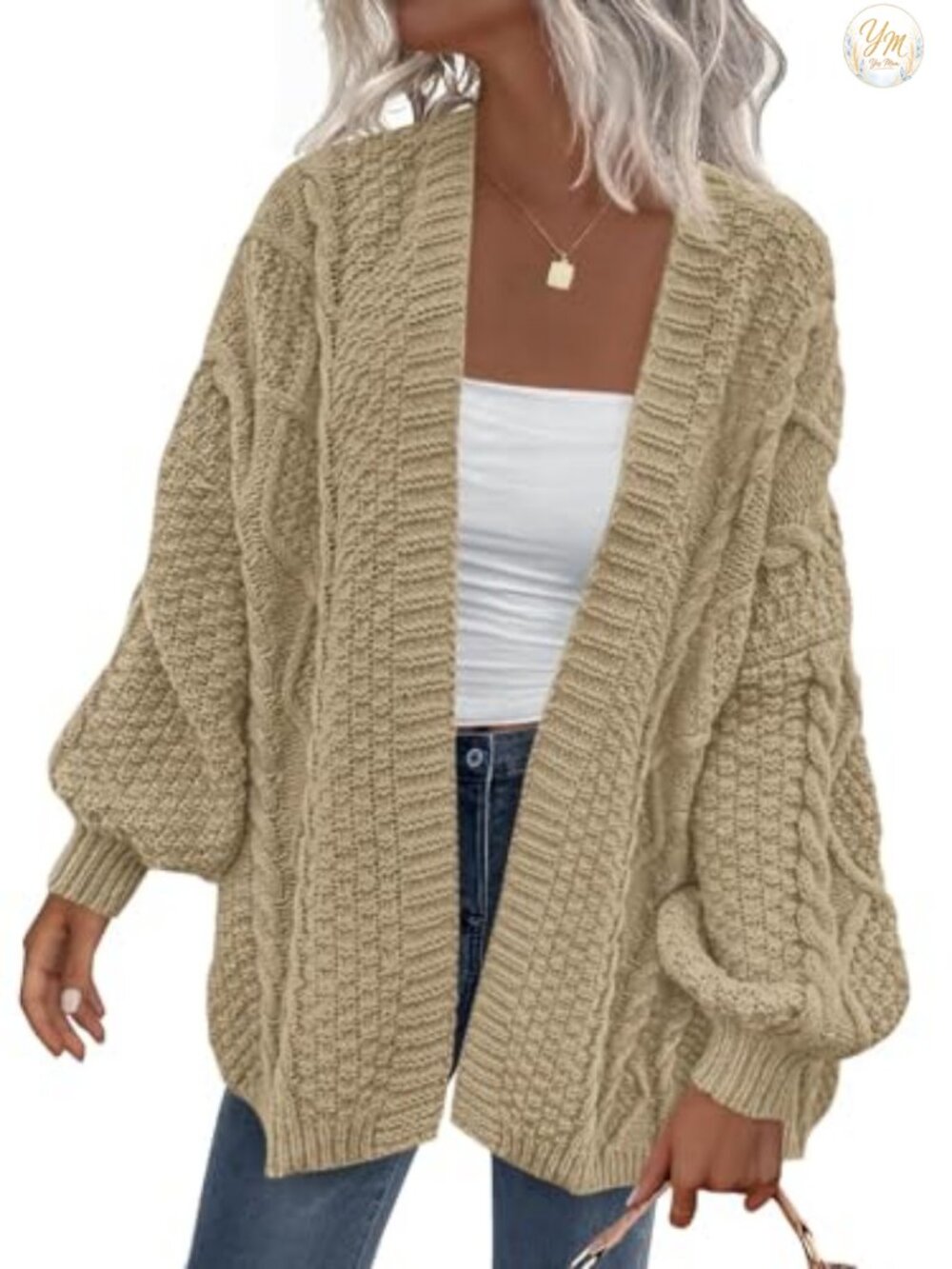 Oversized Cable Knit Open Front Cardigan Lantern Sleeve Chunky Sweater